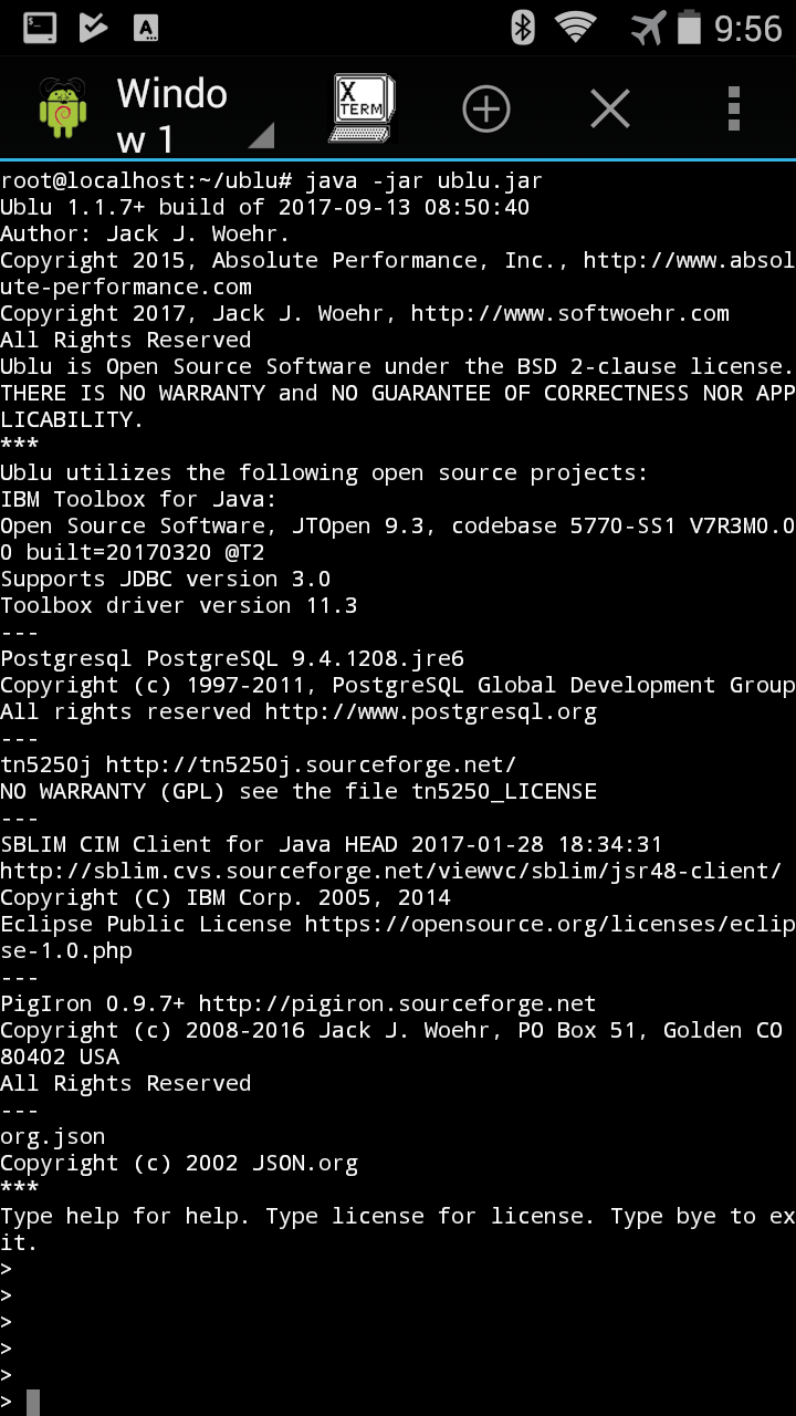 Ublu in a terminal under GnuRoot Debian on Android